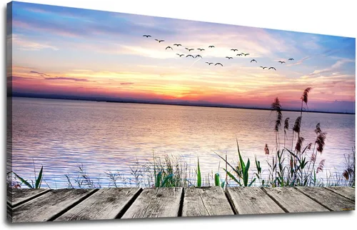 Lienzo decorativo para pared, lago, muelle, puesta de sol, paisaje, pájaros voladores, playa, puesta de sol, paisaje, lienzo, obras de arte Sunset