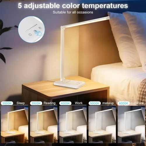 Miniatura 27 de Lámpara de escritorio LED White Crown, lámpara de mesa regulable, lámpara de lectura con puerto de carga USB, 5 modos de iluminación, control Negro