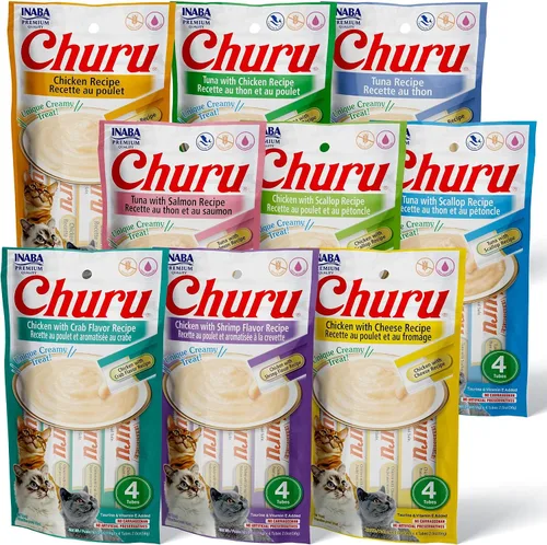 INABA Churu - Golosinas para gatos, puré cremoso exprimible sin granos, para lamer y exprimir, con vitamina E y taurina, 0.5 onzas cada tubo, 36