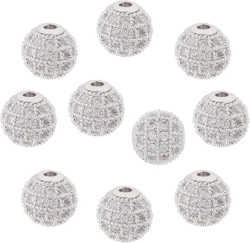 Miniatura 9 de NBEADS 10 piezas de 0.315 in chapado en estante de latón con circonita cúbica redonda de cristal negro plomizo y cuentas redondas de circonita