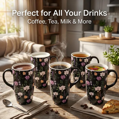 Miniatura 6 de Topadorn Taza de viaje de cerámica negra de 17 onzas con tapa, taza de café floral oscuro, apta para microondas y lavavajillas, caja de regalo