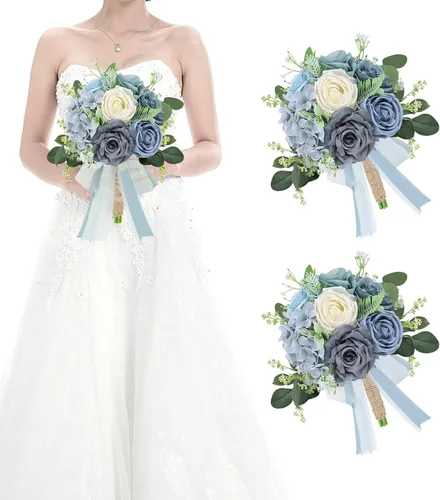 Miniatura 41 de Juego de 4 ramos para dama de honor para boda - Ramos de flores artificiales de 7 pulgadas para decoración de centros de mesa de ceremonia y Azul