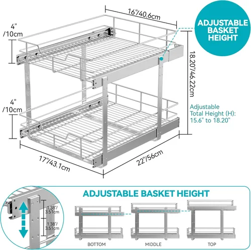 Miniatura 2 de Organizador de gabinete extraíble de 2 niveles de 18 pulgadas de ancho x 22 pulgadas de profundidad, cajones deslizantes para gabinetes de cocina, 2