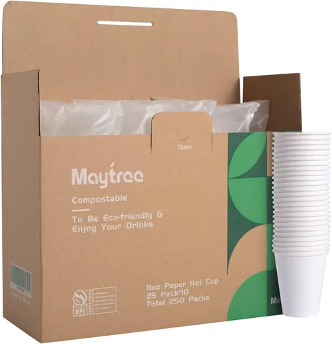 Miniatura 3 de MayTree Vasos de papel compostables y biodegradables de 8 onzas para agua caliente, soporte para té, para llevar y taza de café fría, paquete de 250