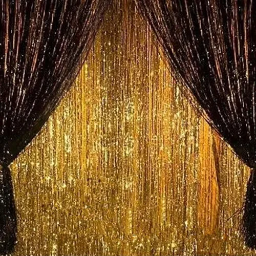 2 piezas de 3' X 8' Cortina de flecos de lámina de oropel metálica negra y dorada para la víspera de Año Nuevo 2023, fiesta de Halloween, decoración
