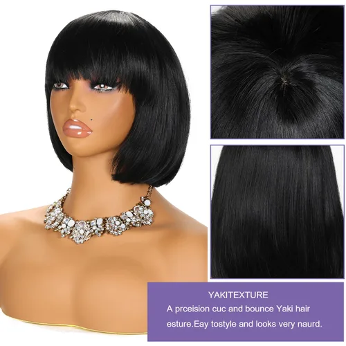 Miniatura 3 de YYHR Peluca corta estilo Bob con flequillo de 10 pulgadas, pelucas de cabello sintético lacio Yaki claro, pelucas cortas de corte Bob negro con 1b