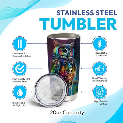 Miniatura 4 de Hyturtle Vaso Personalizado para Amantes de Búhos - Vaso de Café de Acero Inoxidable con Impresión de Búhos y Nombre Personalizado 590 ml con Tapa