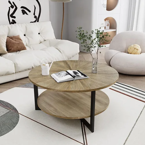 Miniatura 14 de Mesa auxiliar redonda con estante de almacenamiento, mesa central circular de 33.5 pulgadas con patas de metal negro, mesa de cóctel industrial de 2