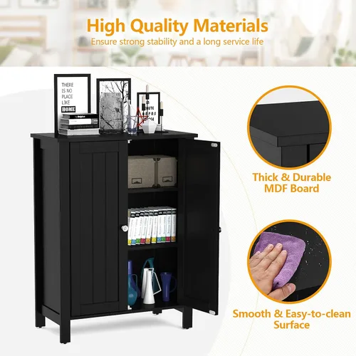 Miniatura 6 de Tangkula Armario de suelo de baño, con puerta doble y estante ajustable, gabinete de almacenamiento de baño de madera de 3 niveles para oficina