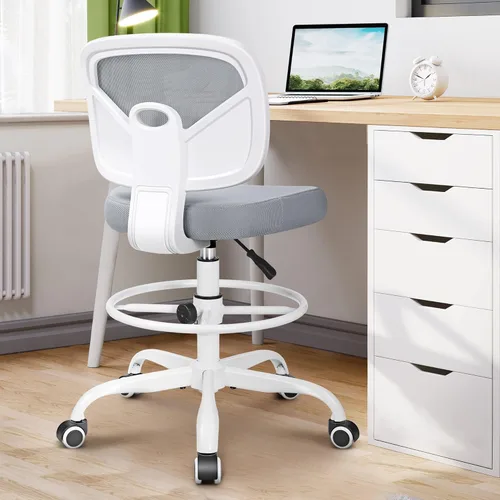 Miniatura 2 de Primy Silla de escritorio alta sin brazos, altura ajustable y reposapiés, silla ergonómica de escritorio de pie con respaldo medio, silla alta