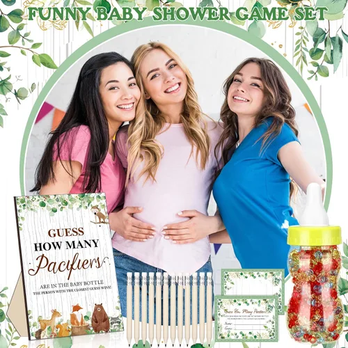 Miniatura 6 de Syhood Woodland Animal Baby Shower Games Adivina cuántos chupetes signo de juego 50 pequeños juegos de adivinanzas 20 lápices HB botella de leche