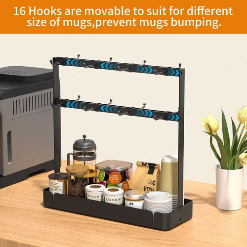 Miniatura 4 de RCHYFEED Soporte para taza de café para encimera, organizador de tazas de aleación de aluminio con 16 ganchos móviles, soporte de árbol de 2 niveles