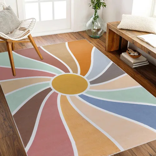 Miniatura 10 de Topotdor Alfombra redonda con diseño de arco iris, colorida alfombra bohemia para niños, ultra suave, lavable, para habitación de bebé, dormitorio