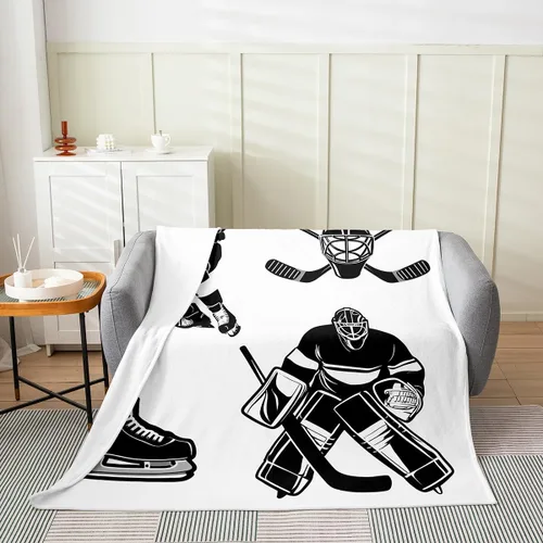 Miniatura 2 de Manta de hockey sobre hielo para niños, niños, adolescentes - Manta de jugador en blanco y negro de 40x50 pulgadas, silueta de juego de deportes