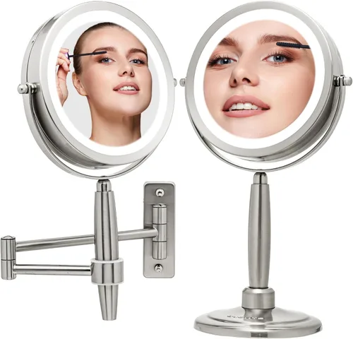 Ovente Espejo de mano de 7 pulgadas, 1 lupa de 8X, fácil de cambiar a mesa y montaje en pared, luces LED de tres tonos giratorios de doble cara,