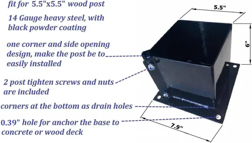 Miniatura 2 de Cubierta de base de postes de madera de 6 x 6 pulgadas, tamaño interior de 5.5 x 5.5 pulgadas, 1 paquete de soportes cuadrados de metal negro
