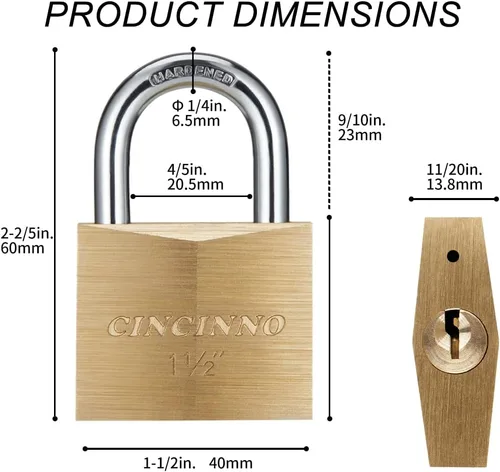 Miniatura 3 de CINCINNO Candado de latón macizo con llave, cerradura de llave con cuerpo ancho de 1-9/16 pulgadas, paquete de 2 candados con llave igual con llave