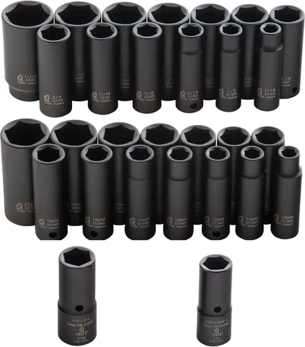 Miniatura 2 de SUNEX TOOLS 5153DD, Juego de llaves de impacto Drive Master de 1/2 pulgada, doble profundidad, 29 piezas, SAE/métrico, 7/16"-1-1/4", 0.394 in-1.063