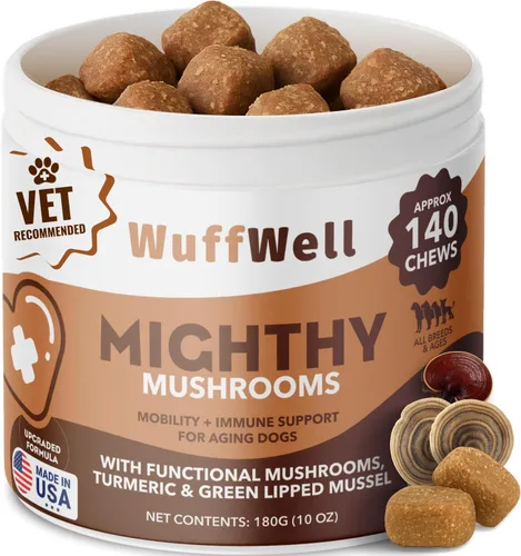 WuffWell Masticables de hongos para perros – Sabor a mantequilla de maní con 7 hongos medicinales – Soporte inmunológico, cadera, articulaciones,