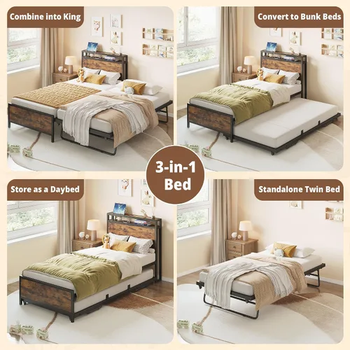 Miniatura 3 de IRONCK Sofá cama individual con nido, marco de cama de metal resistente con cabecera de almacenamiento y estación de carga, cama nido desplegable