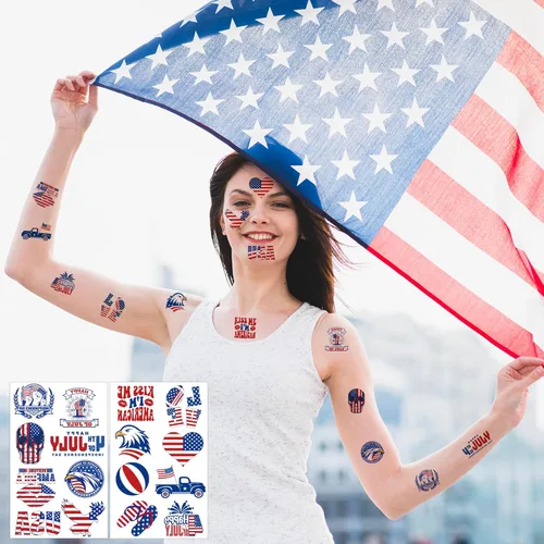 Miniatura 4 de Trajes para mujer del 4 de julio, paquete de 120 tatuajes patrióticos de bandera de Estados Unidos, color rojo, blanco y azul, suministros