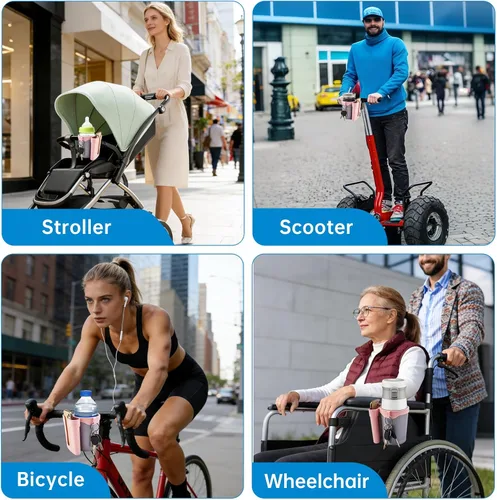 Miniatura 6 de Portavasos para bicicleta 3 en 1 con gancho para llaves de teléfono celular, soporte universal para botella de agua para caminante/silla de rosa gris