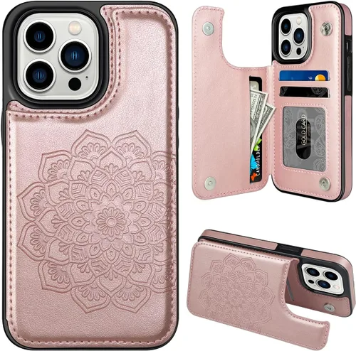 Miniatura 9 de MMHUO Funda para iPhone 14 con tarjetero y parte trasera magnética de flores para iPhone 14, funda protectora para iPhone 14, color oro rosa