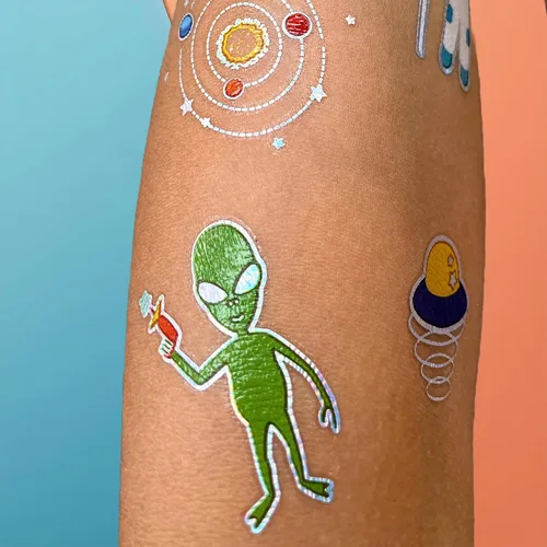 Miniatura 5 de PapaKit Outer Space - Juego de tatuajes falsos temporales, 4 hojas de 38 estilos con lámina plateada metálica, suministros de regalo de fiesta