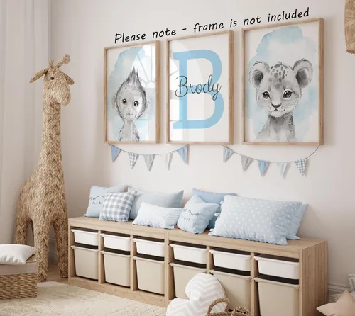 Miniatura 5 de Animales de safari personalizados para habitación de bebé, niño, niña, cuarto de bebé, juego de 3 impresiones sin marco, nombre personalizado, gris