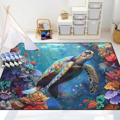 Miniatura 16 de Alfombra de tortuga marina con estampado de animales marinos y animales marinos, alfombra con estampado de tortugas marinas, para niños y niñas