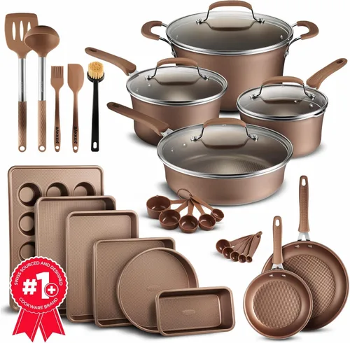 Juego de ollas y sartenes de 23 piezas, juego de utensilios de cocina y para hornear antiadherentes con patrón de cuadros, diseño apilable, apto