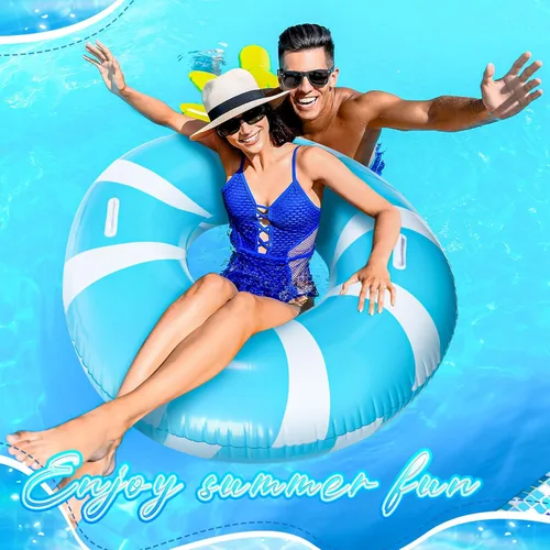 Miniatura 7 de WinnerWhy 2 anillos de natación grandes azules con asas de 47.24 pulgadas, tubo inflable clásico a rayas para piscina inflable para adultos