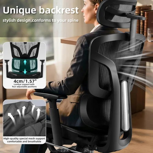 Miniatura 3 de Silla de oficina ergonómica con reposapiés, silla de oficina grande y alta, soporte lumbar ajustable de 4 niveles, bloqueo de inclinación de 155°