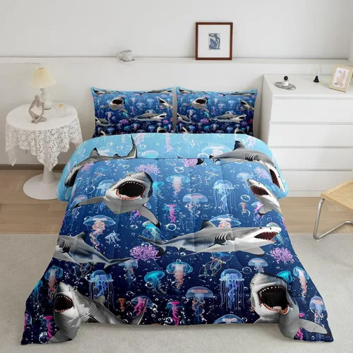 Miniatura 33 de Erosebridal Blue Ocean - Juego de edredón tamaño individual Juego de ropa de cama de ballena delfín y tortuga marina para niños y niñas, juego