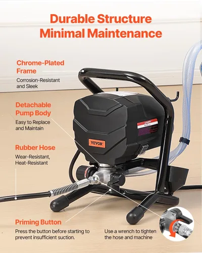 Miniatura 5 de VEVOR Pulverizador de pintura sin aire de soporte, pulverizador sin aire de alta eficiencia de 650 W, pulverizador de pintura eléctrico de 3000 PSI
