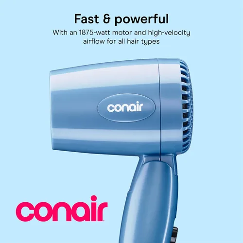 Miniatura 2 de Conair Secadora plegable, secadora plegable, azul, paquete de de 1, Azul Secador compacto de viaje de 1600 W con mango plegable y doble voltaje