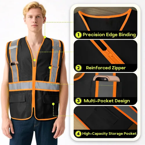 Miniatura 3 de Chaleco de seguridad personalizado BeautyWill con logotipo personalizado Clase 2, chaleco reflectante de alta visibilidad con bolsillos, ropa