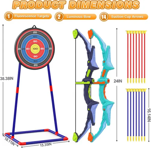 Miniatura 6 de Paquete de 2 conjuntos de arco y flecha para niños, conjunto de tiro con arco con luces con 14 flechas de ventosa, objetivos de tiro con arco