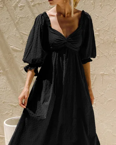 Miniatura 5 de R.Vivimos Vestido de verano bohemio de algodón con mangas abombadas y lunares suizos con cordones fruncidos, casual, acampanado, vestido por debajo