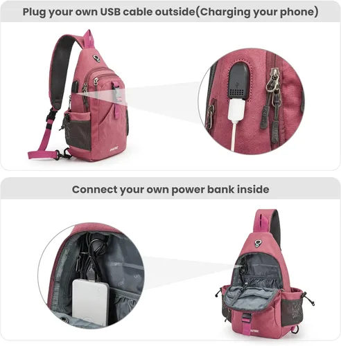 Miniatura 4 de G4Free - Mochila de lona con asa cruzada y puerto de carga USB con bloqueo RFID, mochila de pecho para senderismo, mochila de día para hombres y Rosa