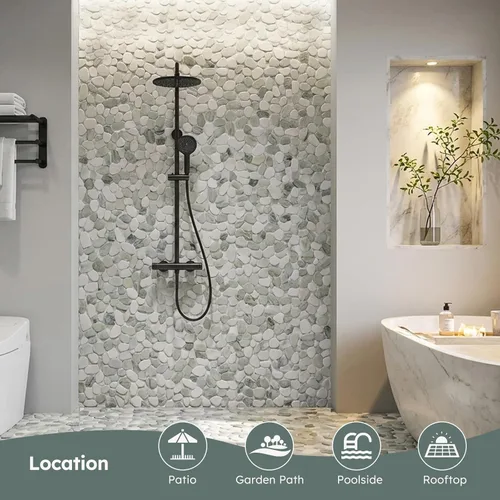 Miniatura 2 de Diflart Azulejo de piedra natural para suelo de ducha, ovalado verde esmeralda, 4 hojas, mosaico de guijarros en rodajas para cocina, baño, suelo