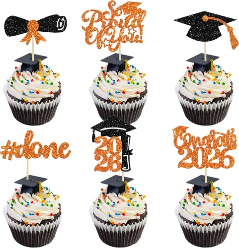 Miniatura 10 de Gyufise 24 piezas Adornos para pastel de graduación 2026 con purpurina negra, clase de 2026, adornos para magdalenas con gorra de graduación
