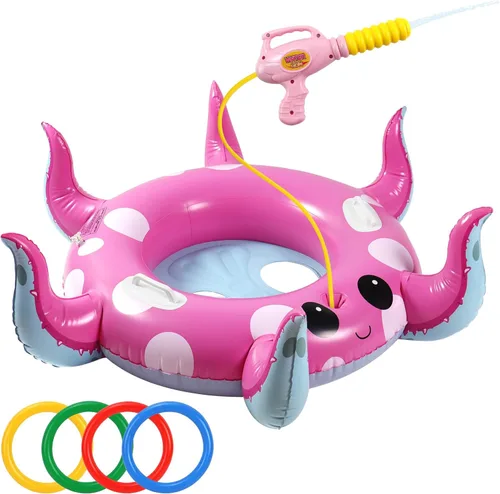 Motiloo Octopus - Flotador de piscina para niños con pistola de agua, juguetes inflables de piscina para niños de 3 a 12 años de edad, fiestas de