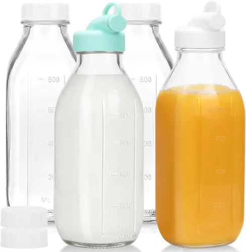 Miniatura 8 de CUCUMI 5 botellas de jugo de vidrio de 16 onzas con tapas, recipientes reutilizables para jugo, tarros de agua con cepillo, popotes de vidrio, tapas