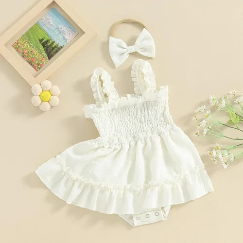Miniatura 16 de Mameluco de verano para niña, sin mangas, vintage, con burbujas, vestido de mameluco lindo y diadema