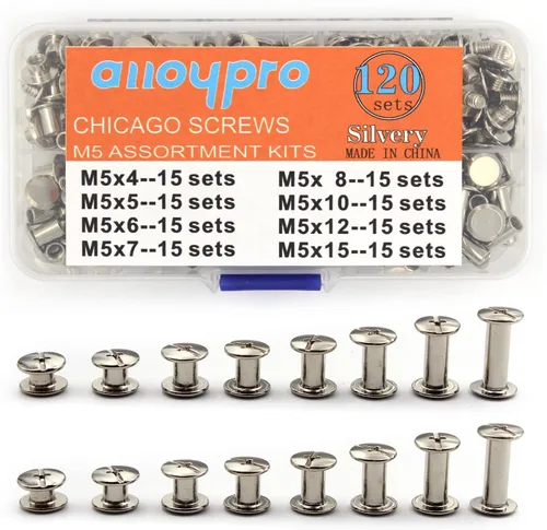 Miniatura 9 de Juego de 75 tornillos Chicago surtidos, 3 tamaños, remaches de cuero plateado de 1/4 3/8 1/2, remaches de tornillo planos, postes de encuadernación