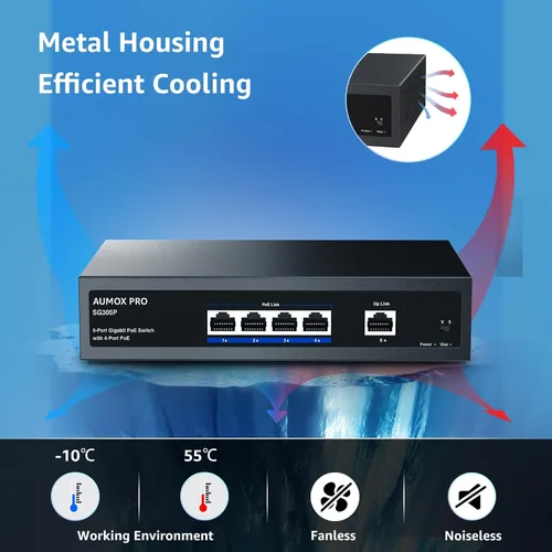 Miniatura 5 de Switch PoE Gigabit de 5 puertos, AUMOX PRO SG305P Switch Gigabit Ethernet PoE de 4 puertos no administrado con 1 puerto de enlace ascendente Gigabit