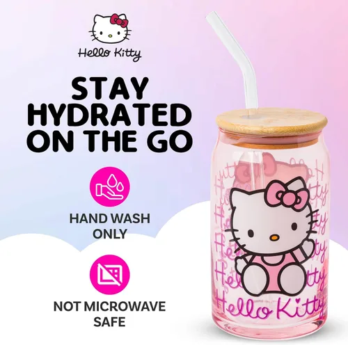 Miniatura 2 de Silver Buffalo Sanrio - Vaso de vidrio rosa con tapa de bambú y sorbete de vidrio de Hello Kitty, 16 onzas Hello Kitty Agitando