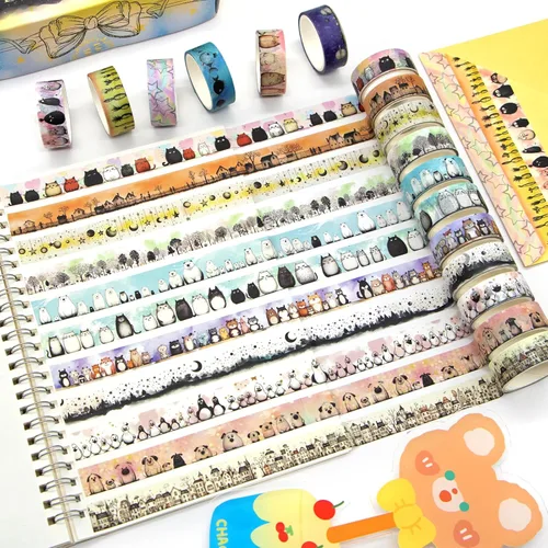 Miniatura 6 de Lindo juego de cinta washi – 24 rollos de cinta washi decorativa de animales Kawaii para suministros de álbumes de recortes, suministros de diario