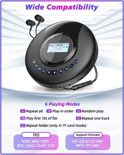 Miniatura 6 de ARAFUNA Reproductor de CD portátil Bluetooth con radio FM, reproductor de CD recargable de 2000 mAh para coche con pantalla LCD, reproductor